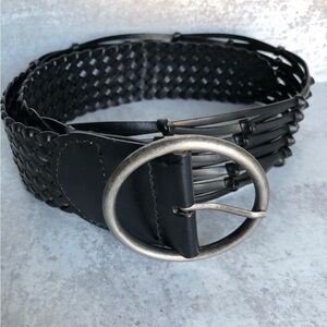 Linea Pelle Belt Black Wide Woven Faux Leather Round Pewter Buckle Size Large